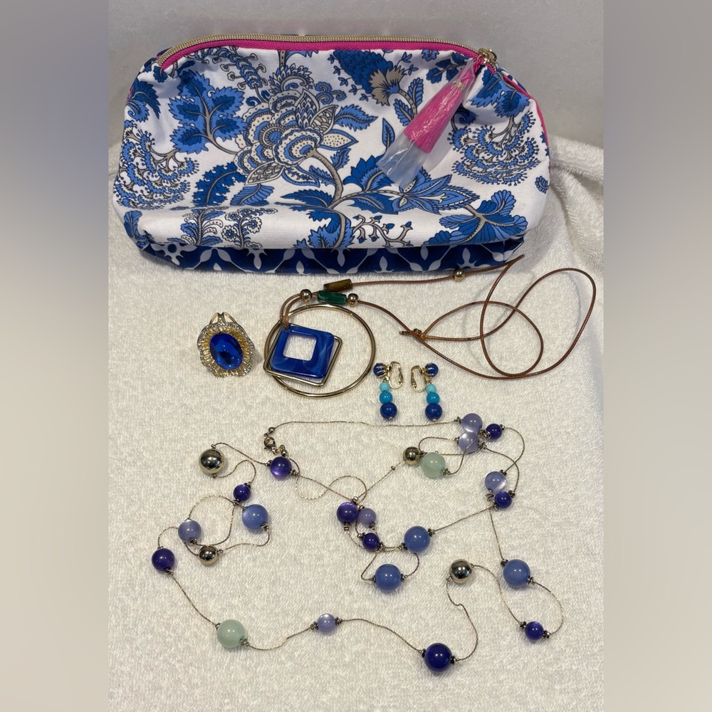 5-Piece Blue & Gold Jewelry Lot + Cosmetic Bag Statement Ring Boho Necklace